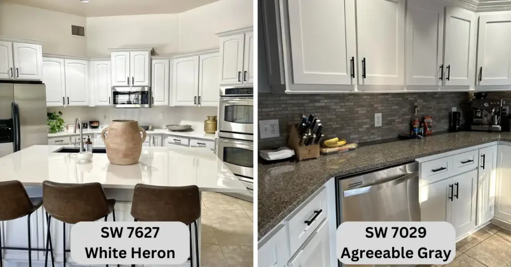 SW White Heron vs Agreeable Gray on kitchen cabinets
